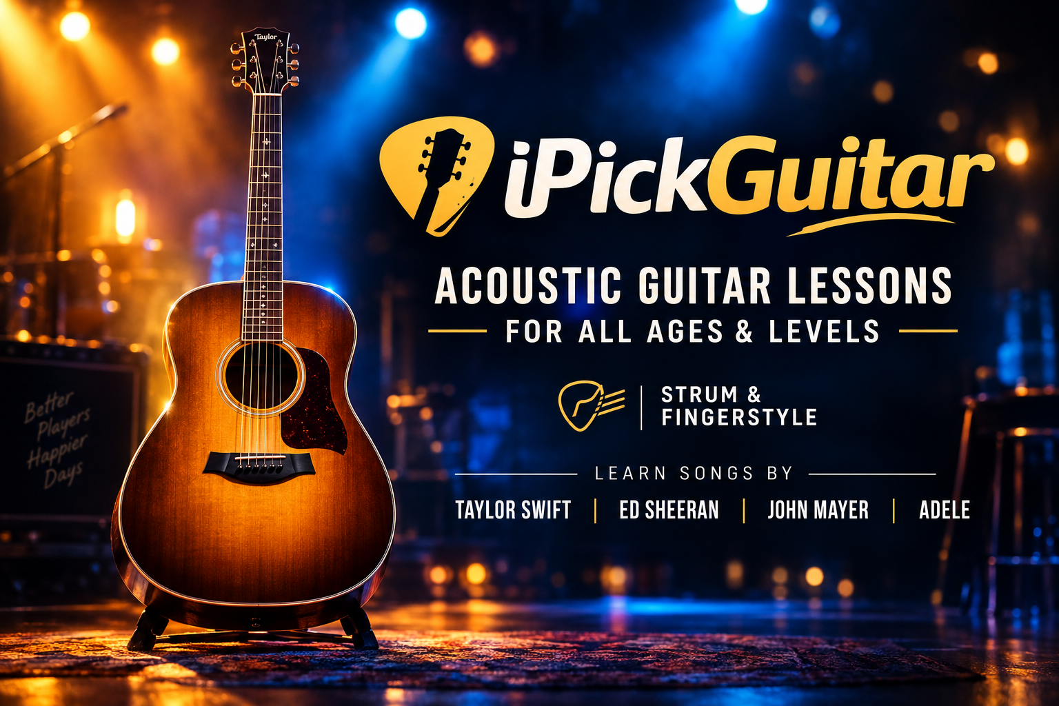 Acoustic guitar lessons for all ages and levels — a sunburst acoustic guitar on a stand under warm stage lights